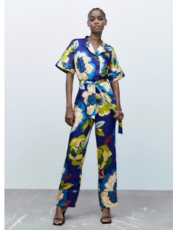Zara Pants - Zara Bold Floral Wide-Leg Jumpsuit in Blue, Green and Cream
